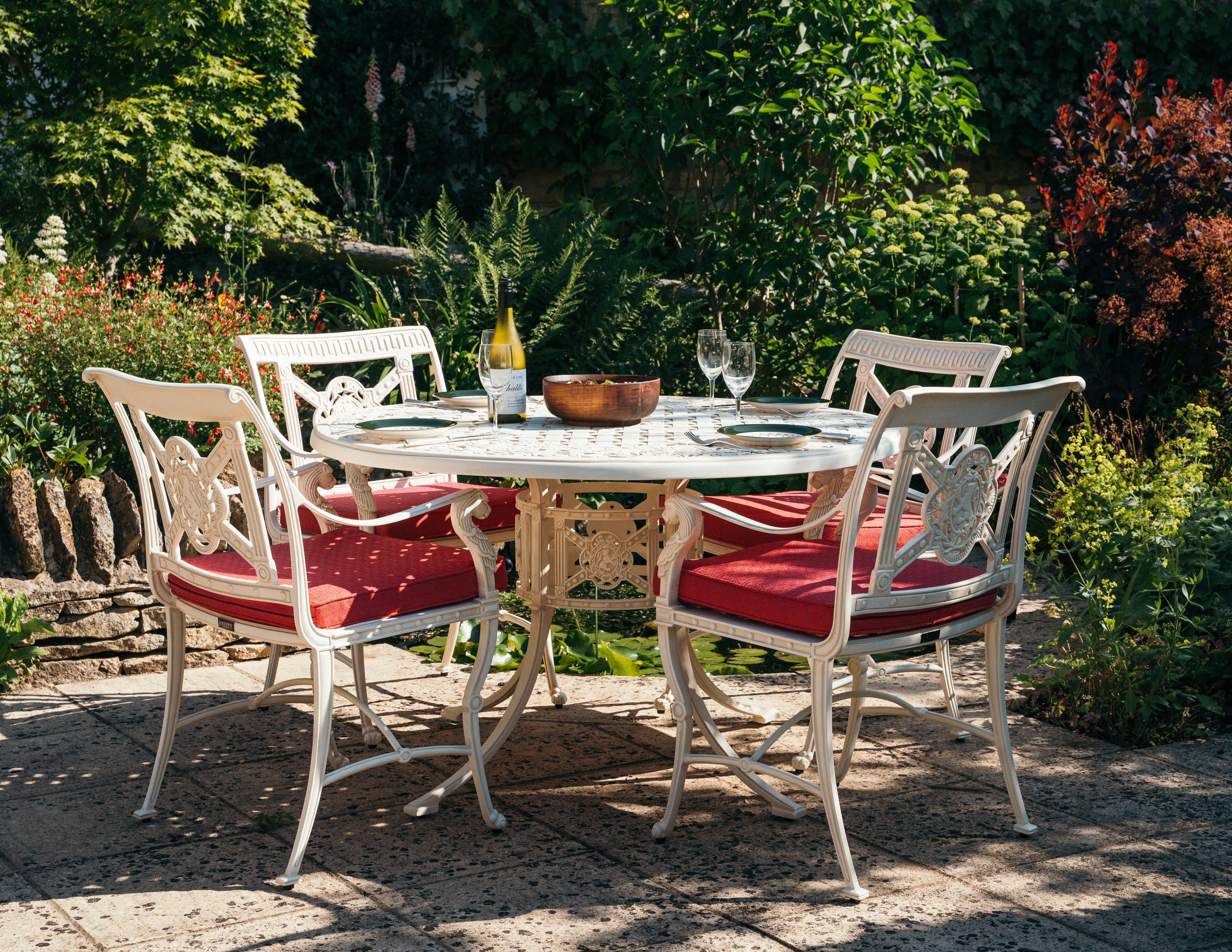 red and white garden furniture